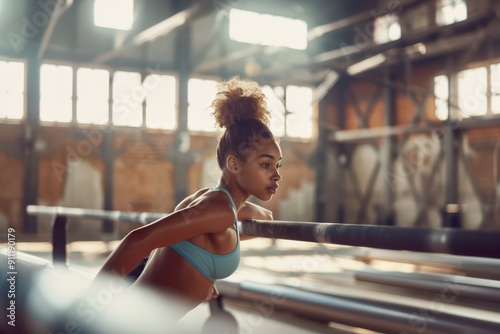 a woman in a sports bra and shorts is leaning against a metal bar