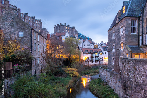 Dean Village in Edinburgh at dusk