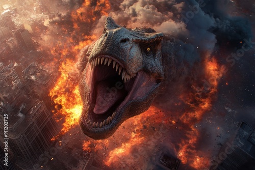 A gigantic dinosaur is seen causing unprecedented havoc in a city with blazing fires and rising smoke, symbolizing a nightmarish scene of destruction and chaos.