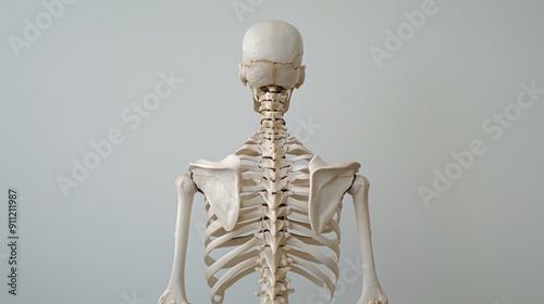 Human skeleton standing with a neutral background, showing spine, shoulder blades, ribs and bones