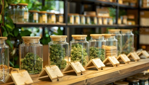 Display of Various Cannabis Strains in Glass Jars at Retail Store