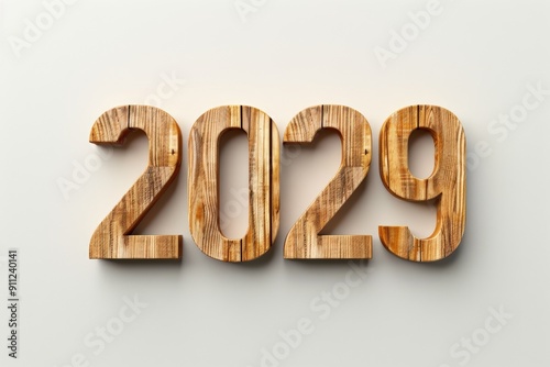 2029 Crafted in Wood: A minimalist rendering of the year 2029, its numerals meticulously shaped from warm, textured wood against a sleek, light backdrop.