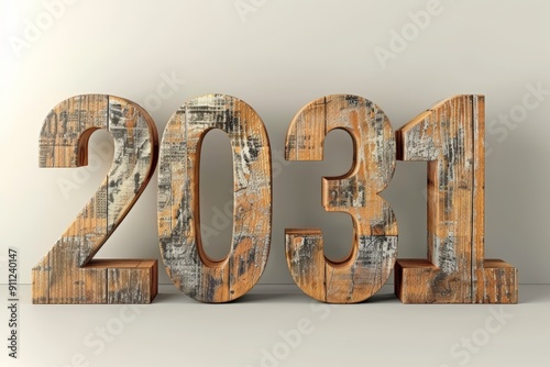 2031 Crafted in Wood: A minimalist rendering of the year 2031, its numerals meticulously shaped from warm, textured wood against a sleek, light backdrop. 