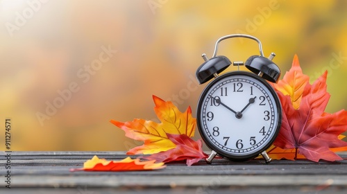 Fall transition Clock turns back as Daylight Saving Time ends against a backdrop of natures beauty. Summer flowers blend with autumn leaves.