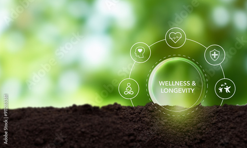 Wellness and longevity concept on green background, symbolizing the connection between health, nature, and long-term well-being. Promoting health and long-term well-being.