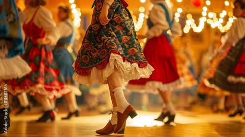 Group of locals dressed in traditional Bavarian fluffy skirt, blouse, corset with lacing and apron, enjoying a lively polka dance at Oktoberfest. Banner.