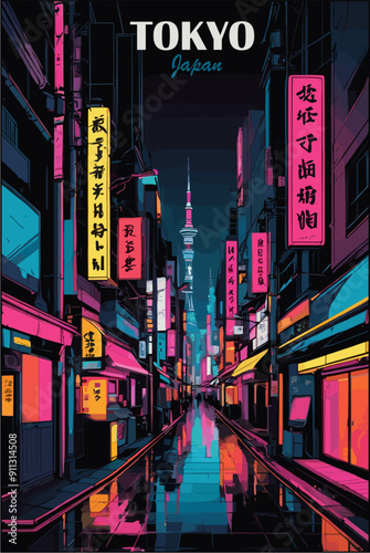 Tokyo Japan Travel Destination Poster. Night city street print. Exotic travelling, summer vacation, holidays concept. Night city, megapolis vector colorful illustration.