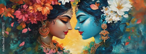 Close up of Indian God Krishna and Radha in love