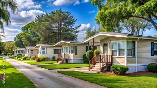 Serene row of tidy residential mobile homes with pitched roofs, trim lawns, and quaint porches, nestled among mature trees in a peaceful mobile home park.