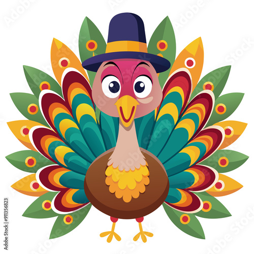 A cartoon turkey is adorned with vibrant, colorful feathers, wearing a pilgrim hat.