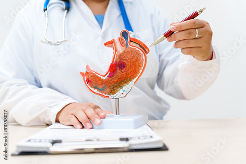 A gastroenterologist uses an anatomical model to explain stomach problems, infections, and treatment options to a patient during a consultation at the clinic.