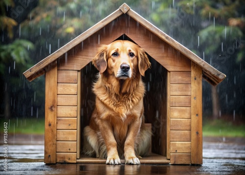 A forlorn Hovawart lies alone in a small wooden doghouse on a drizzly day, conveying feelings of anxiety, depression, and loneliness, surrounded by cold rain.