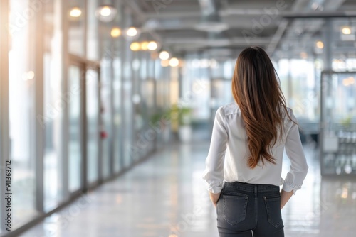 Business girl in a modern office with ample space for text.