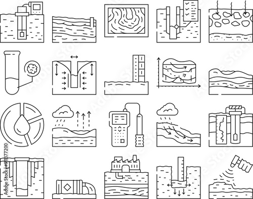 hydrogeologist industrial icons set vector. geology industry, pipe drill, man engineering mining, geologist oil, team, data hydrogeologist industrial black contour illustrations