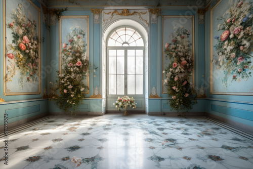 Elegant Palace Interior with Ornate Floral Decor and Marble Floor: Luxurious and Opulent Room in Classic Baroque Style