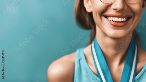 Smiling winner with a medal around their neck, clear background, achievement recognition