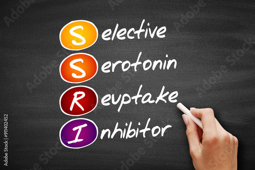 SSRI - Selective Serotonin Reuptake Inhibitor acronym, concept on blackboard