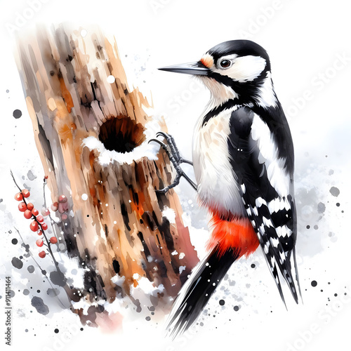 흰 배경, 딱따구리, 수채화 (White background, woodpecker, water colour)