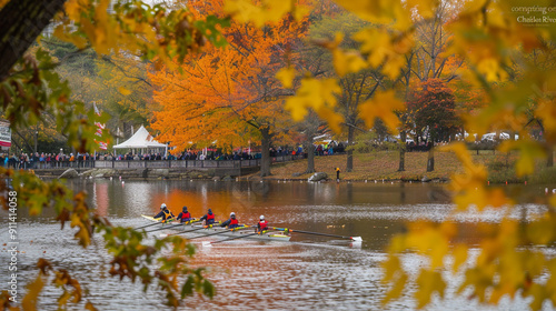 Rowers competing on the Charles River, spectators lining the banks, and the scenic fall foliage of New England."