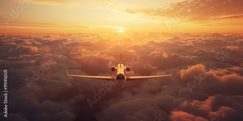 Private jet flying above clouds in a stunning sunset captured from the front perspective