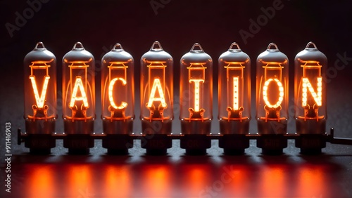 The word VACATION is spelled out in illuminated Nixie tubes.