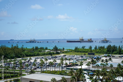 View of Freeport island in the Bahamas from the upper deck of a cruise ship.