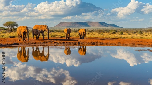 Elephants at a waterhole in Tsavo East National Park, Kenya, with their reflections visible in the water and the surrounding landscape.