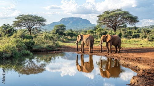 Elephants at a waterhole in Tsavo East National Park, Kenya, with their reflections visible in the water and the surrounding landscape.