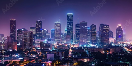 An electrifying nighttime view of the Houston Texas skyline, featuring iconic landmarks