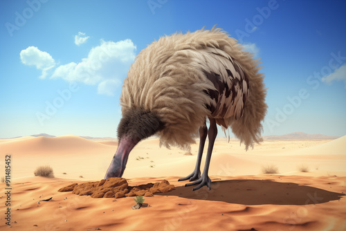 An ostrich hide his head into the sand dune with Australian desert at background. Illustration of a phrase: "Do not bury your head in the sand". 