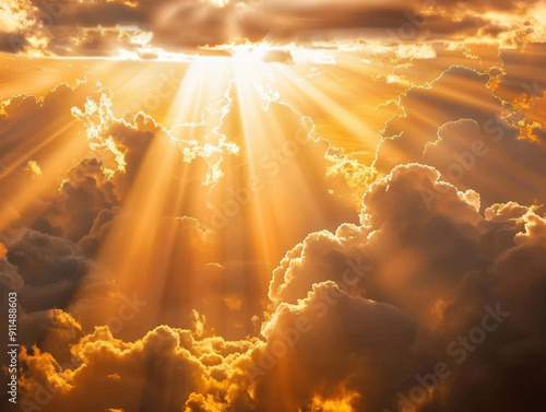 Beautiful sky background. God light in heaven symbolizing divine presence, truth, spiritual illumination, God love and grace. Light beams blessing world with heavenly light