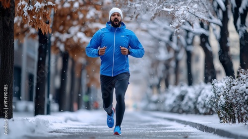 A man in winter gear runs down a snowy street, determined to stay fit.