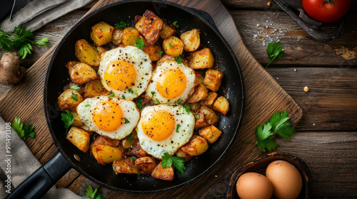 Golden-brown eggs sizzling on a bed of crispy potatoes, served up warm on a cozy wooden table.