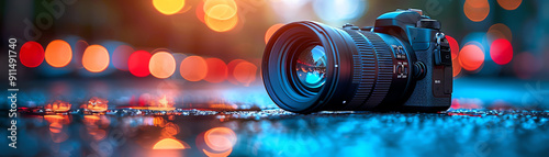 Camera with lens, closeup, bokeh background, vibrant red and blue lights