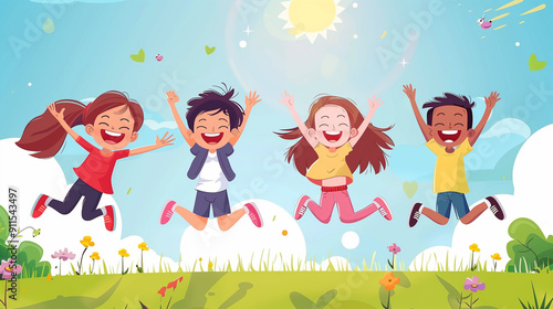 Happy children jumping, embodying the carefree joy of childhood, illustrated in a cartoon style.