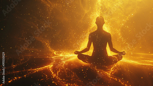 Abstract image of a mystic figure meditating with a radiant aura, showing detailed light emanations and serene atmosphere