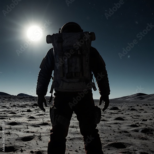 A silhouette of a man wearing a large backpack walking on the moon