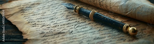 A detailed closeup of traditional literary papers with elegant handwriting on aged parchment, soft light, photorealistic, high resolution, historical literature 8K , high-resolution, ultra HD,up32K HD