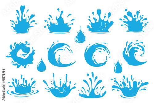 Water splash set elements in flat graphic design. Bundle objects of blue liquid flows and waves with falling droplets, clean aqua pouring, dynamic fluid flow in circle motion. Vector illustration.