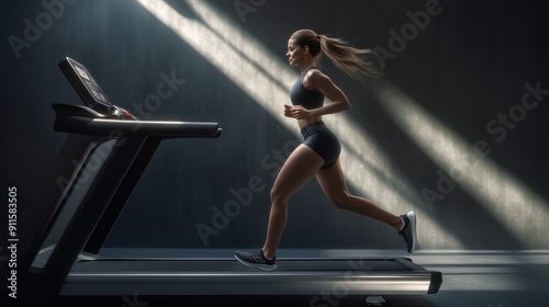 A woman running on a treadmill. Suitable for fitness and exercise concepts