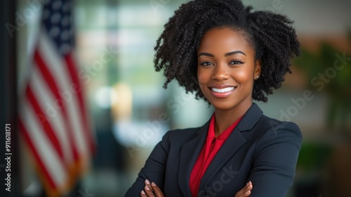 Confident young politician smiling with american flag in background