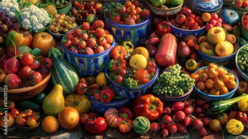 A colorful assortment of fruits and vegetables are displayed on a table. The table is covered with bowls of various sizes, each containing a different type of fruit or vegetable