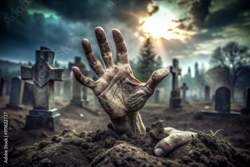 Zombie hand grasping at the edge of a grave