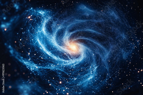 Y3K cosmic vortex visualization with swirling blue energy streams and bright center. Futuristic space phenomenon concept for theoretical physics, black hole research and scientific simulations