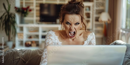 angry bride using laptop, living room background, copy space