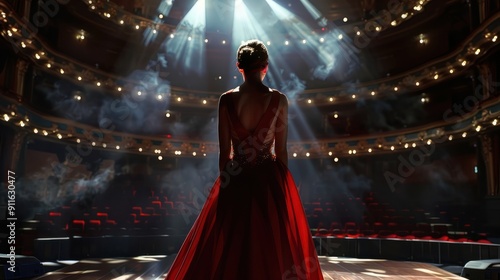 From the back of the concert hall stage, an opera singer in a stunning red dress stands, her presence captivating even from behind as she prepares to grace the audience with her performance.