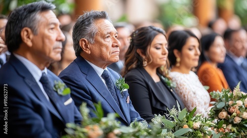 Emotional moment captured during a wedding ceremony with guests seated and engaged in the celebration.