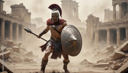 A Spartan warrior engaged in a fierce combat stance, his shield raised and spear poised, as he battles against a backdrop of a crumbling ancient city, with dust and debris swirling around him. 