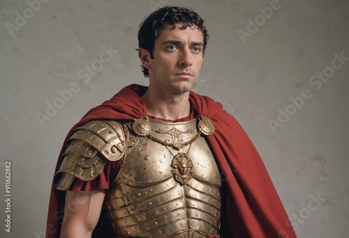 portrait of a male Roman emperor with a stern expression, wearing traditional armor and a red cape, isolated on a stark white background 