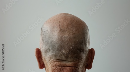 Male bald head on a white background, close-up. Rear view. AI generated.